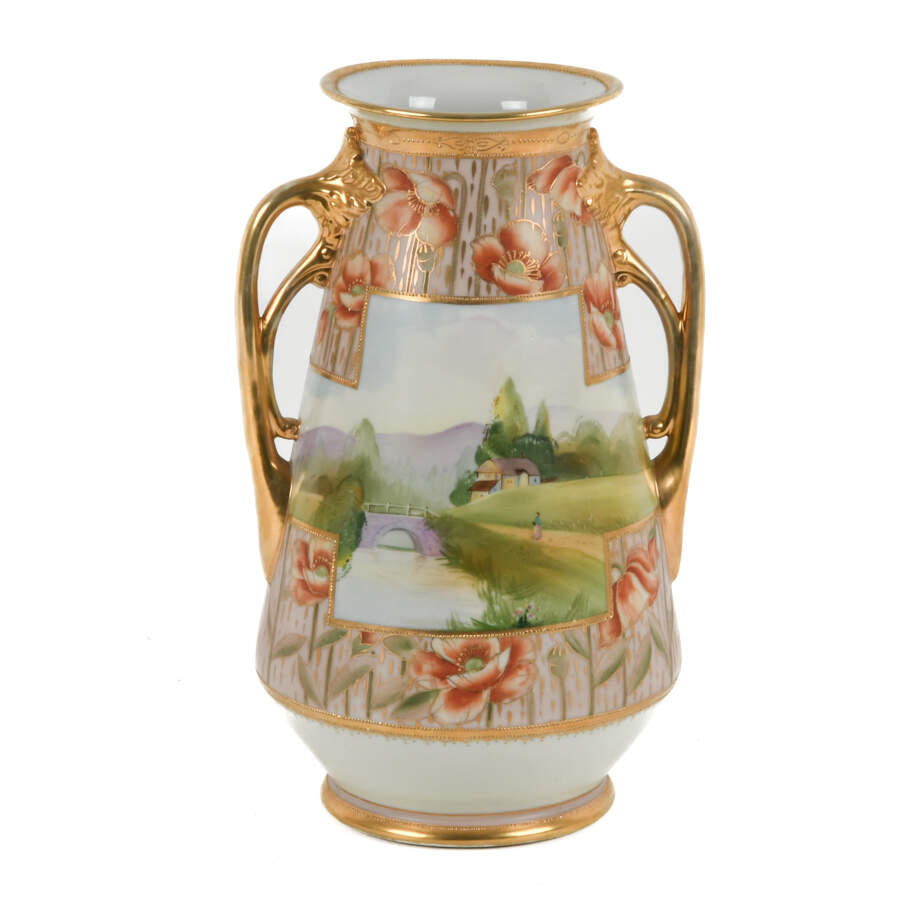 Oversized Nippon Hand-Painted Double Branch Handle Scene Vase-3
