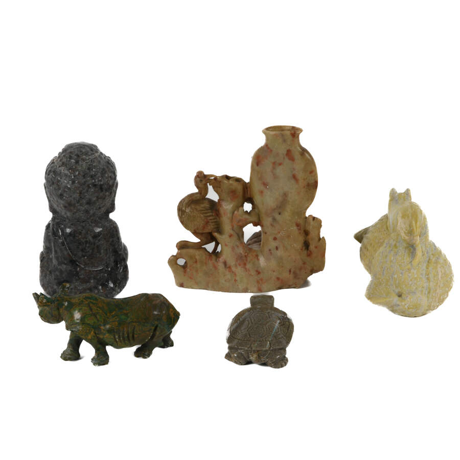 Lot of Five Carved Figures and Soapstone Vase-11