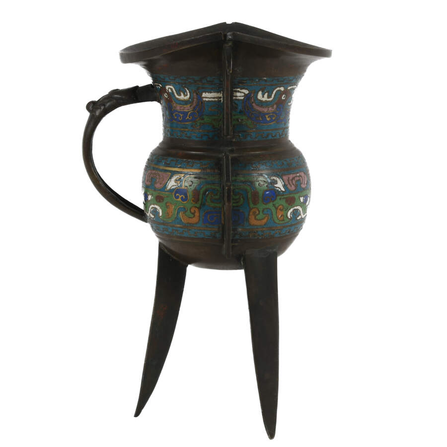 Japanese Champlevé Bronze Vessel Inspired by Chinese Archaic Jia Vessels-5