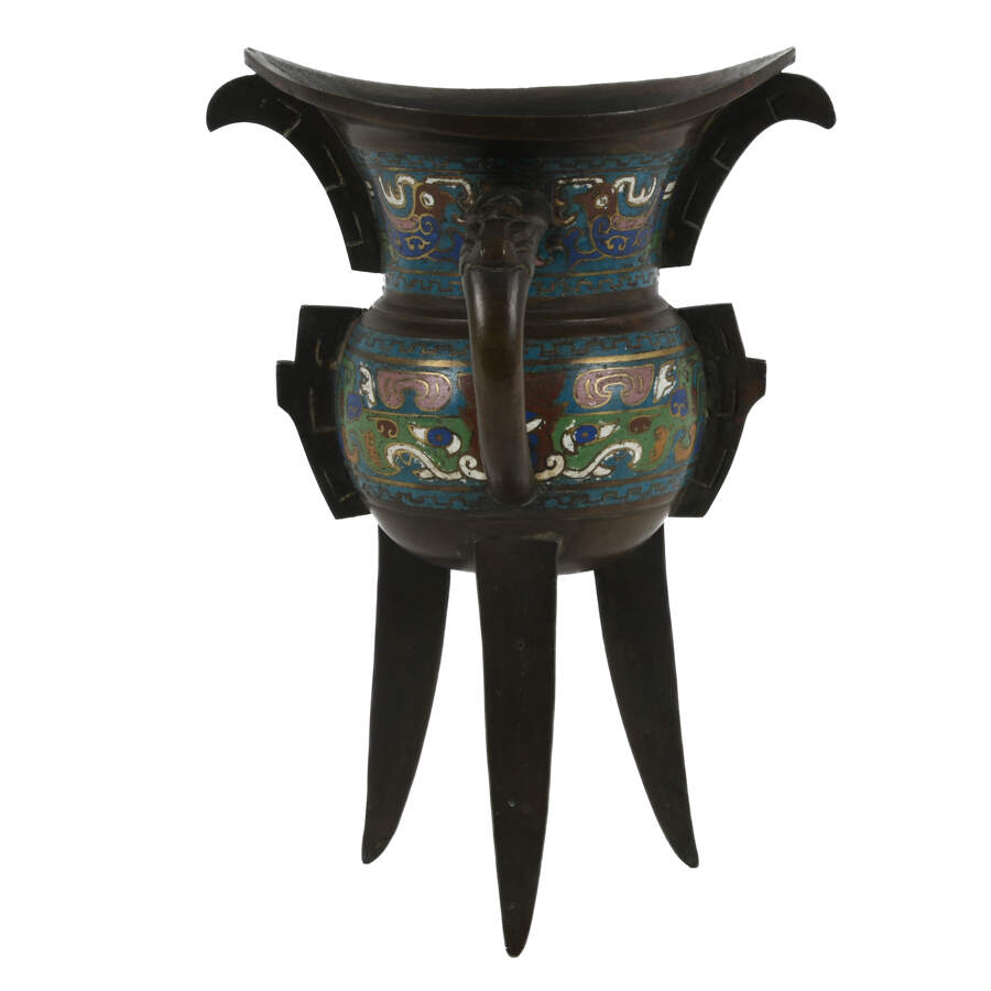 Japanese Champlevé Bronze Vessel Inspired by Chinese Archaic Jia Vessels-4