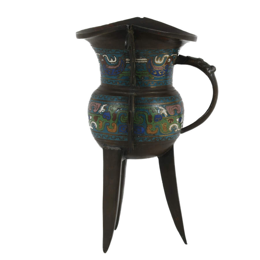 Japanese Champlevé Bronze Vessel Inspired by Chinese Archaic Jia Vessels-3