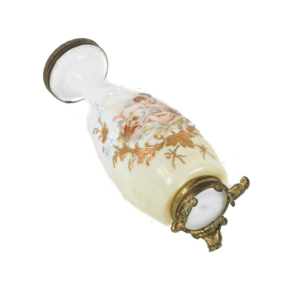 Antique French Putti Opaline Glass and Bronze Vase-6