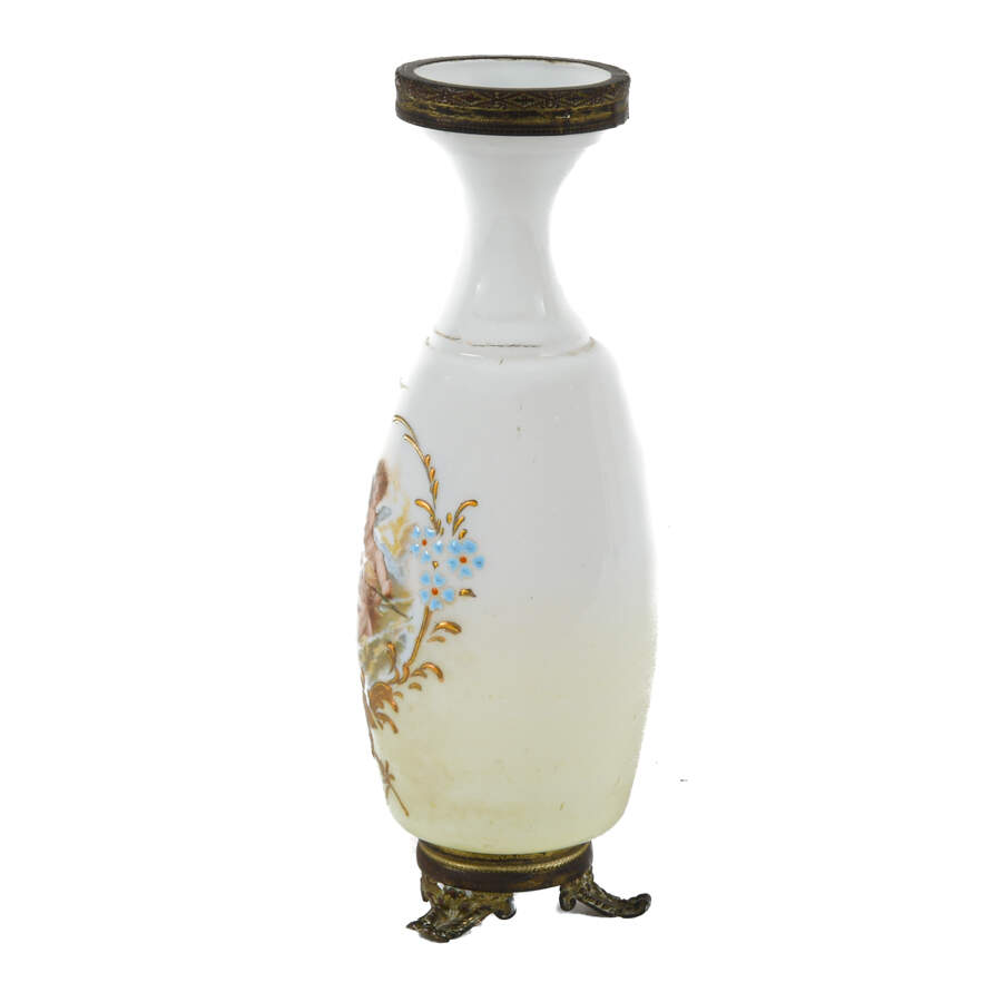 Antique French Putti Opaline Glass and Bronze Vase-2