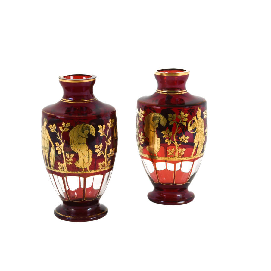 Antique Pair Gilt Decorated Engraved Greek Warrior Vases-3