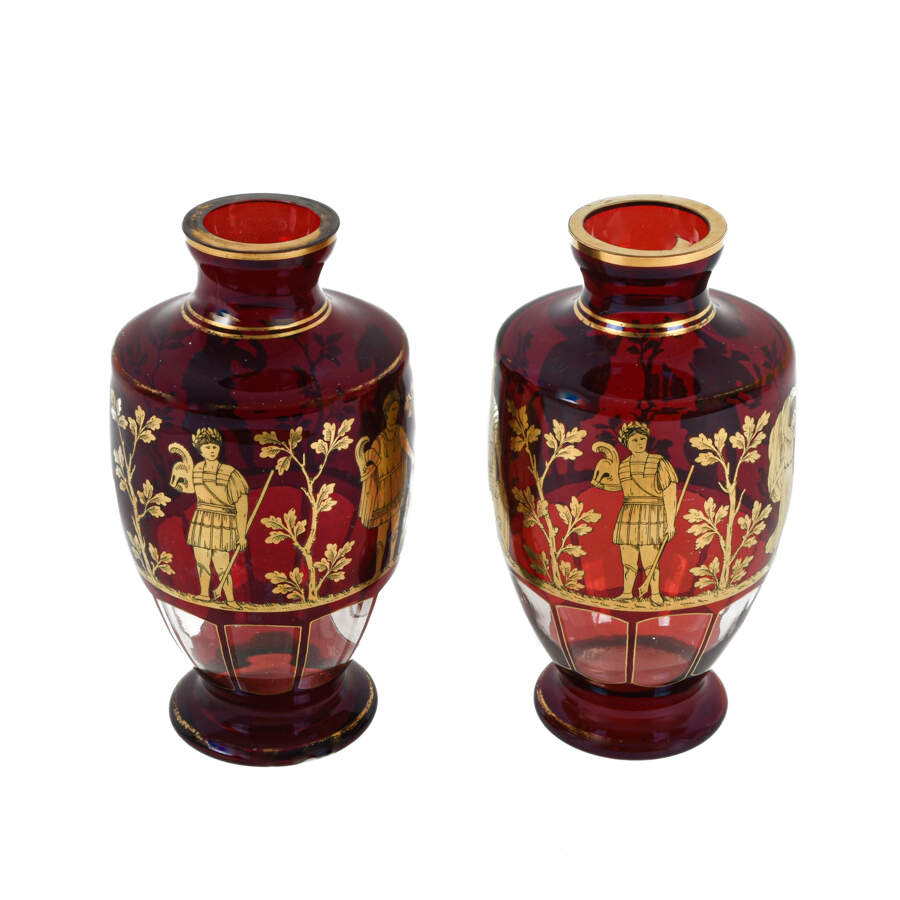 Antique Pair Gilt Decorated Engraved Greek Warrior Vases-2