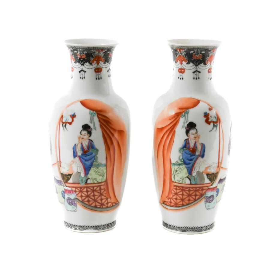 Antique Pair of Famille Rose Vases with Landscape and Figures-1
