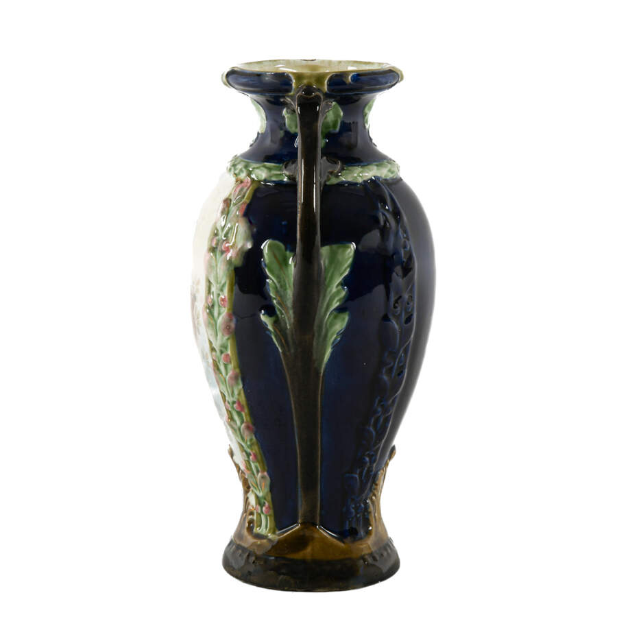 Antique Art Nouveau Majolica Two Handle Portrait Vase-3