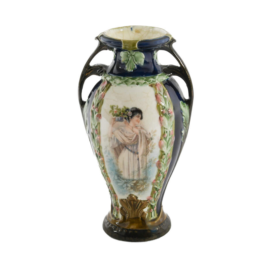 Antique Art Nouveau Majolica Two Handle Portrait Vase-1