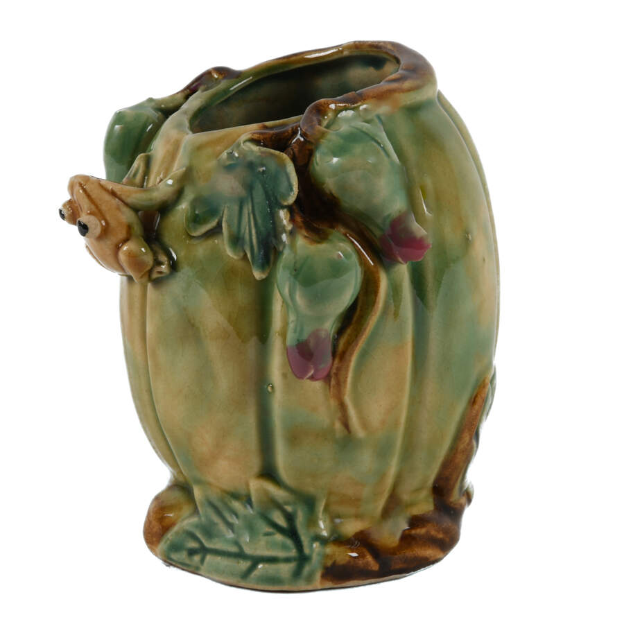 Drip Glazed Majolica Vase with Raised Relief Frog and Flowers-2