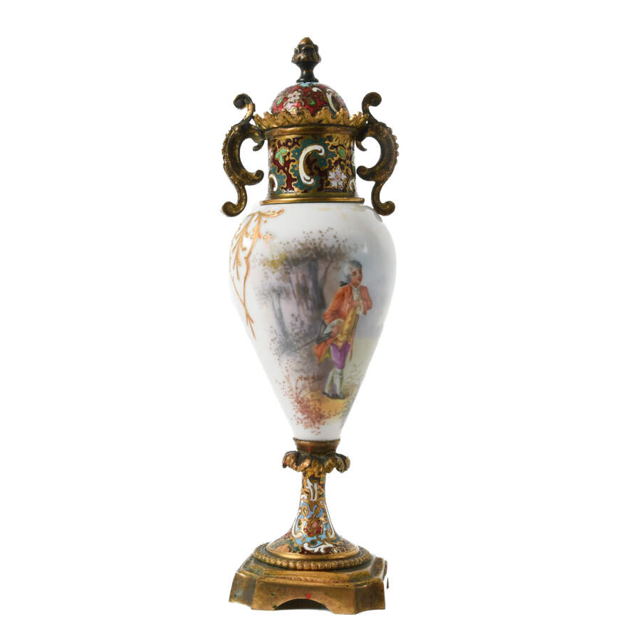 Antique French Sèvres Style Champlevé Enamel Porcelain Urn-4