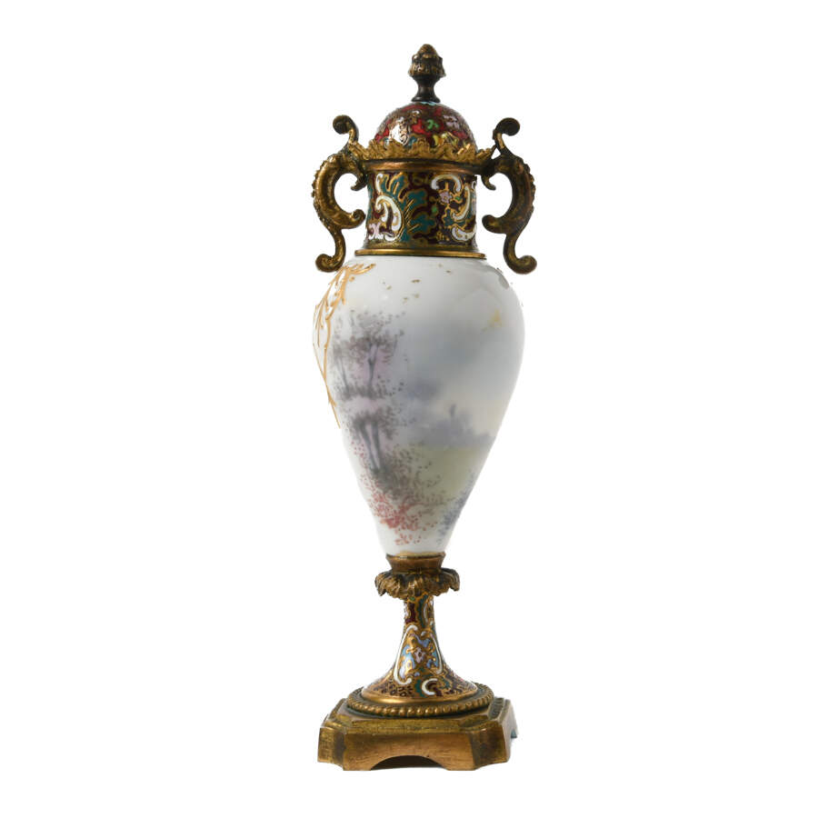 Antique French Sèvres Style Champlevé Enamel Porcelain Urn-2