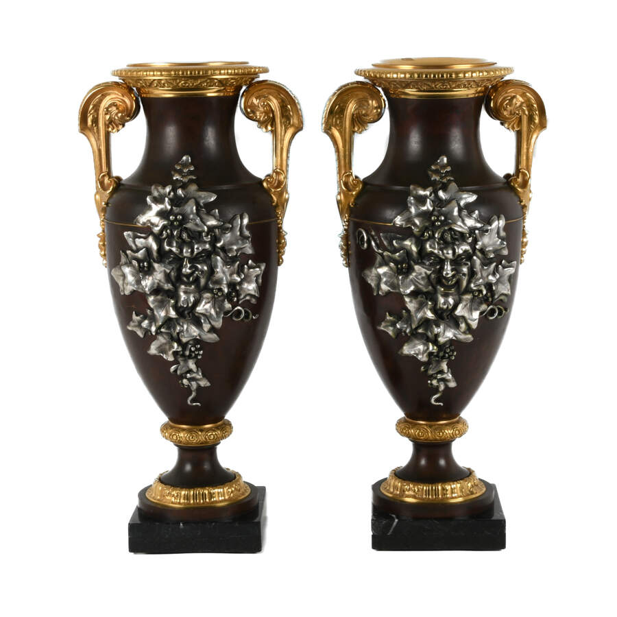 Antique 19th Century Pair of Bronze Urns on Marble Bases-1