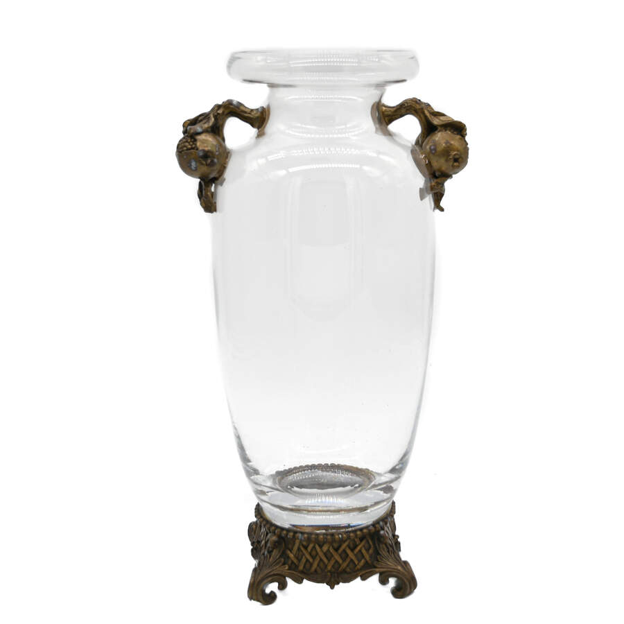 Double Handle Hand Blown Crystal Vase on Metal Base-1