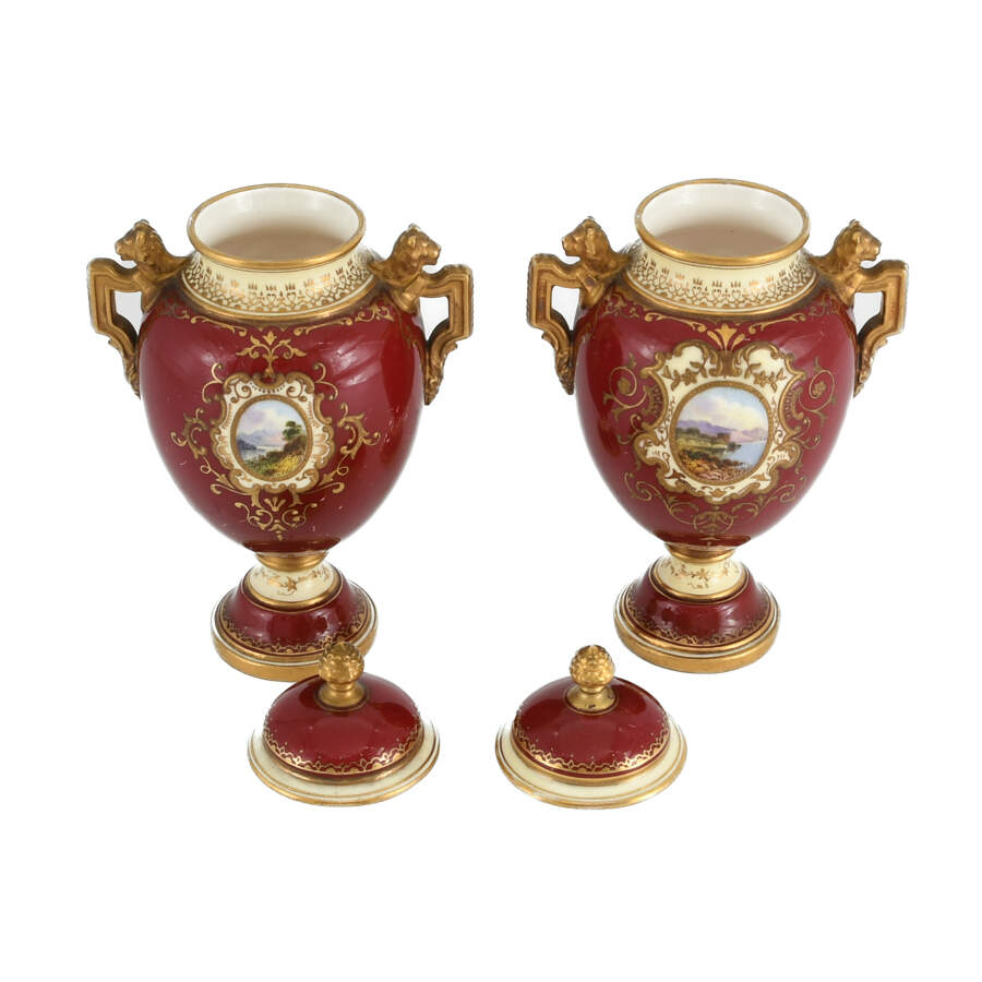 Antique Pair of Coalport Miniature Commemorative Urns-4