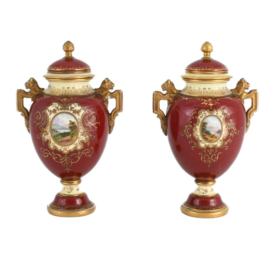 Antique Pair of Coalport Miniature Commemorative Urns-1