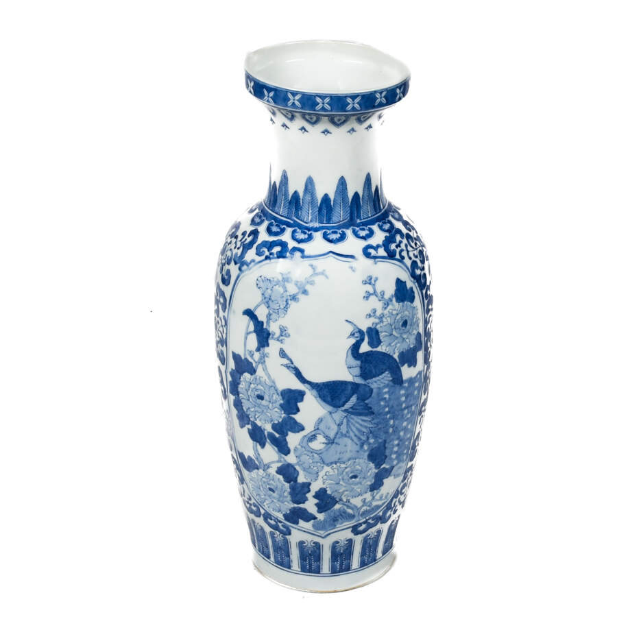 Chinoiserie Blue and White Birds Floor Vase-2