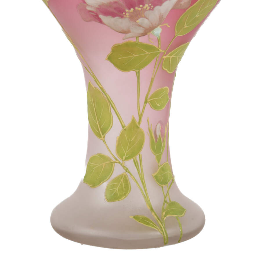 Antique Satin Glass Floral Hand-Painted Vase-3