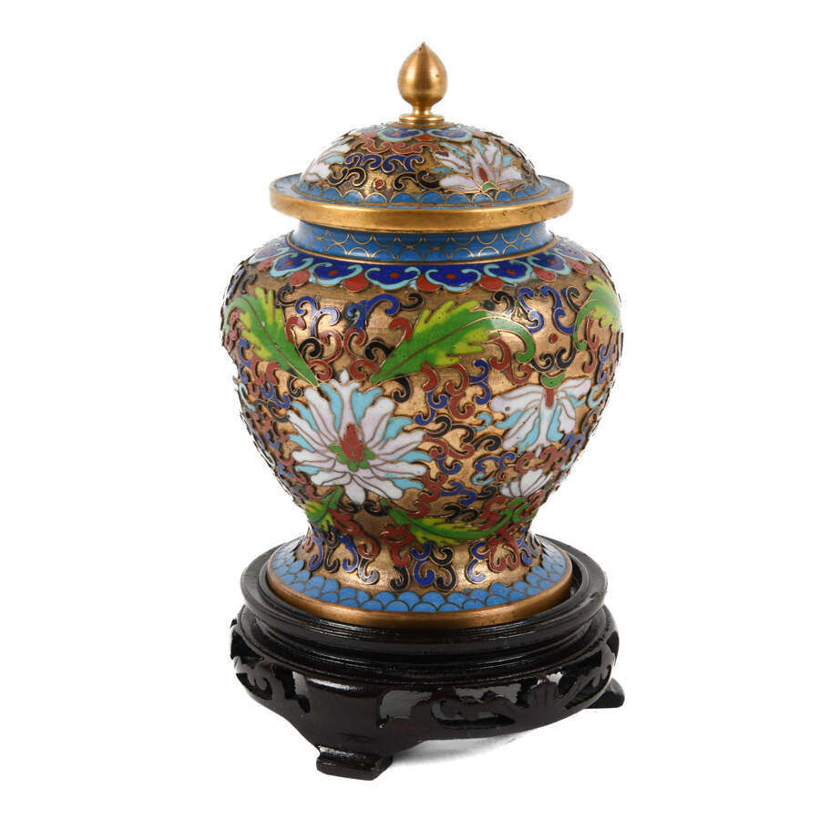 Chinese Lidded Cloisonné Enamel Jar on Wood Base-3
