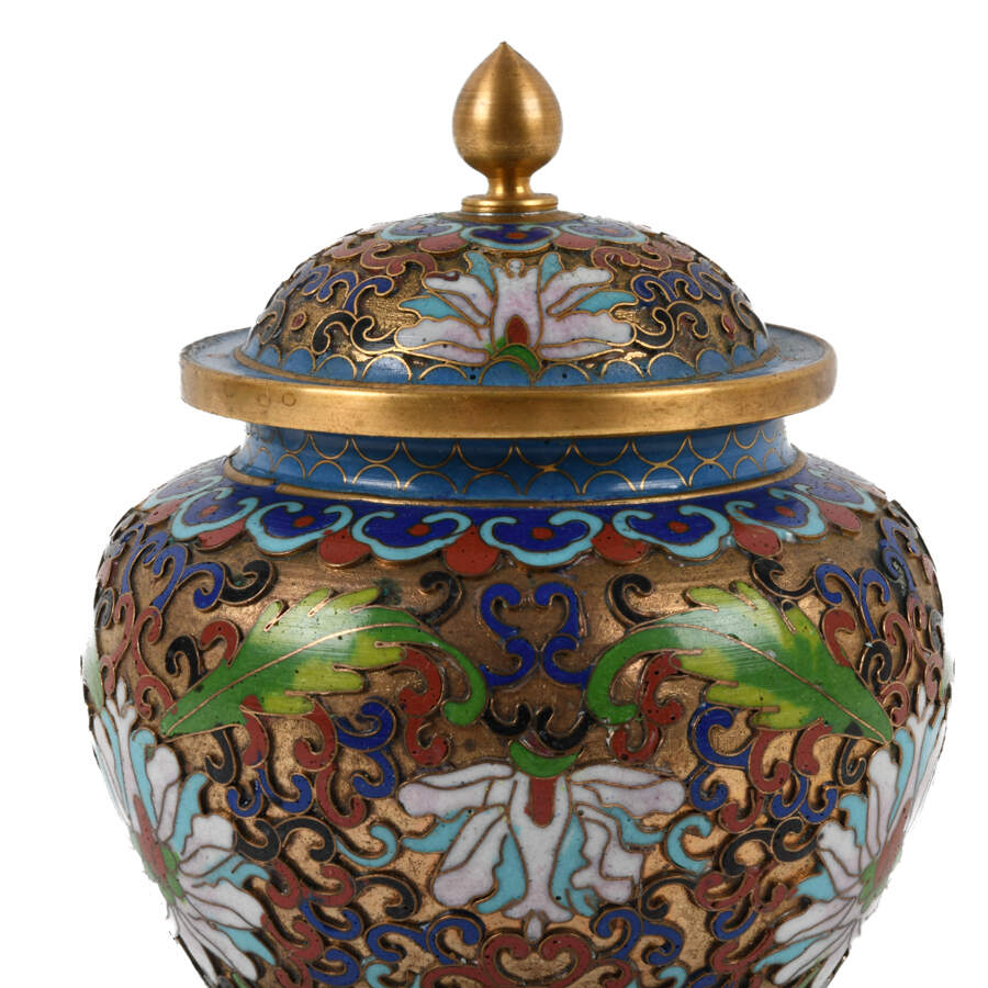Chinese Lidded Cloisonné Enamel Jar on Wood Base-2