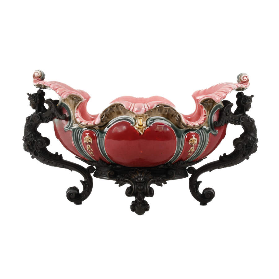French Majolica and Figural Cast Metal Jardinière-1