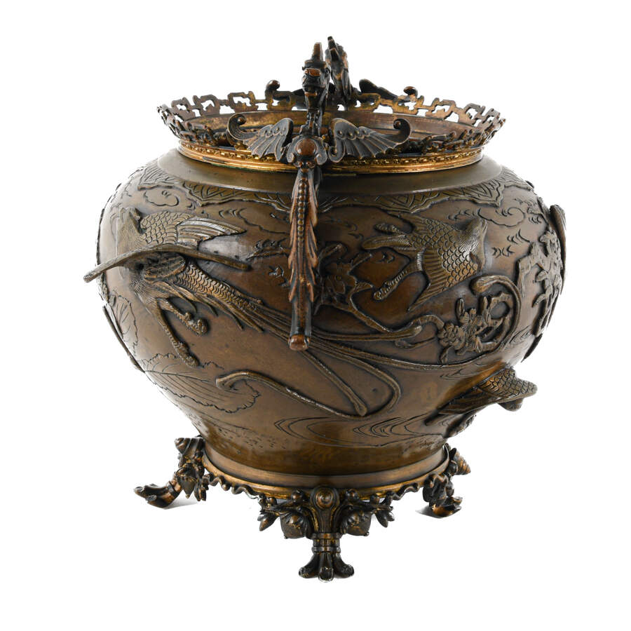 Antique Japanese Bronze Dragon Motif Footed Jardinière-4