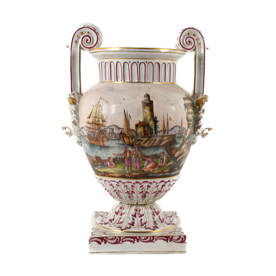 Antique Large Meissen-Style Port Landscape Scene Porcelain Urn-1
