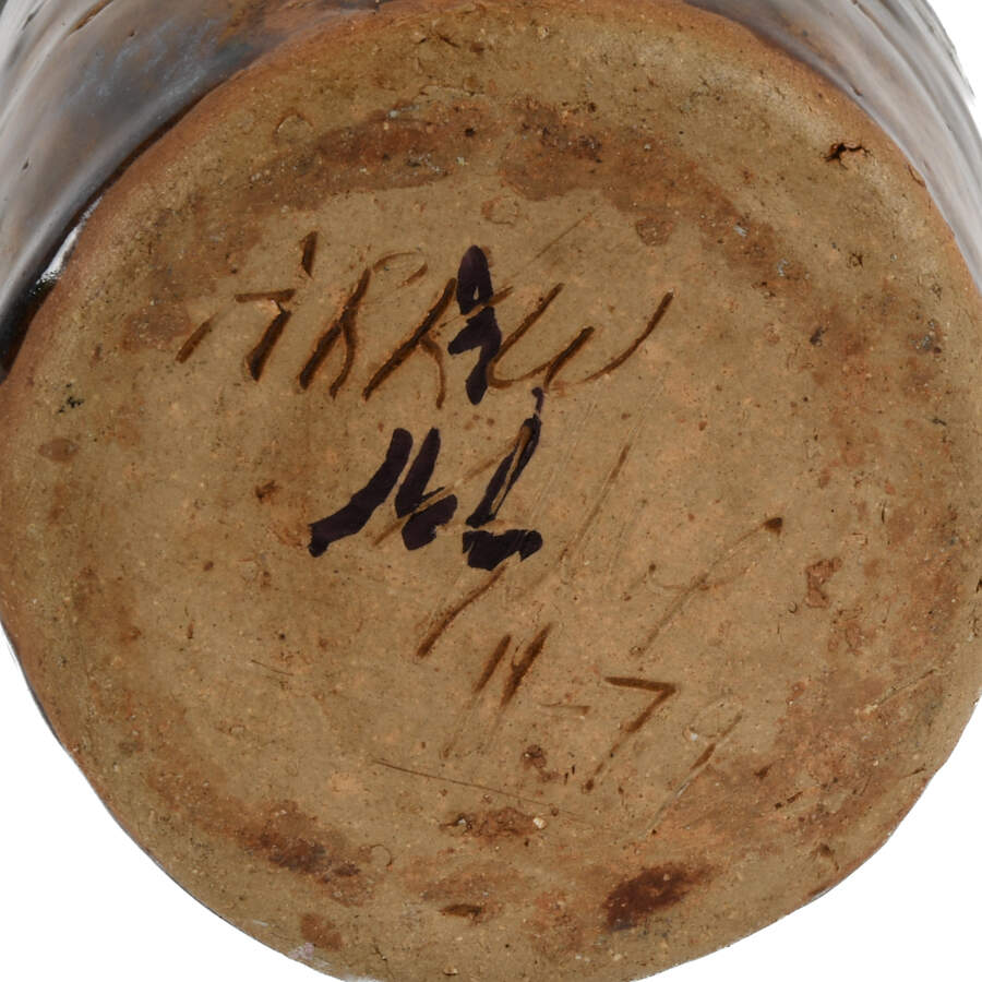 Signed Studio Pottery Blue and Brown Face Vase-6