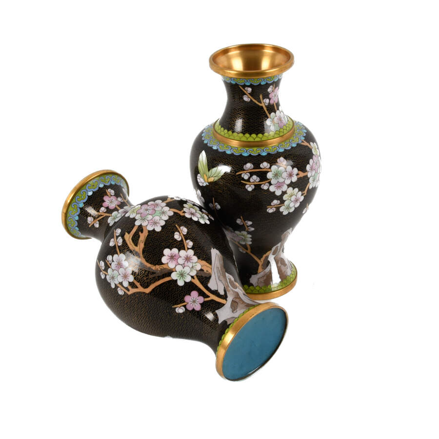 Pair of Black Chinese Cloisonné Cherry Blossom Vases-7