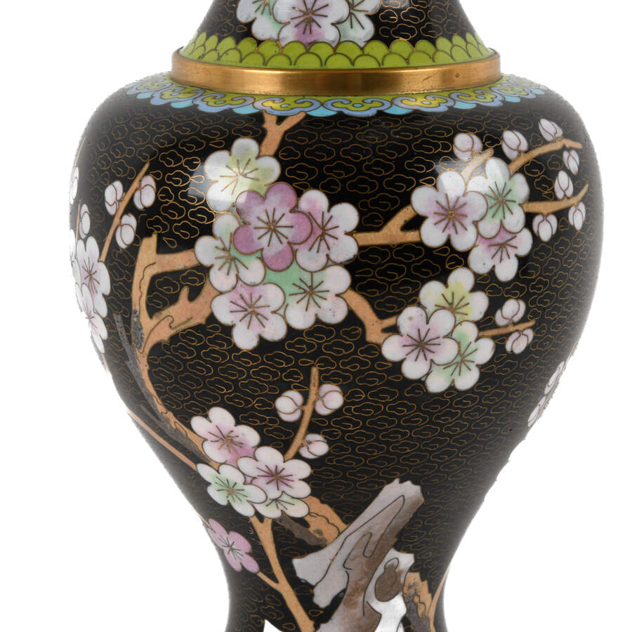 Pair of Black Chinese Cloisonné Cherry Blossom Vases-6