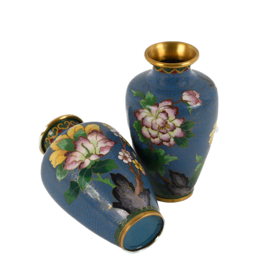 Pair of Blue Chinese Cloisonné Peony and Plum Blossom Vases-7