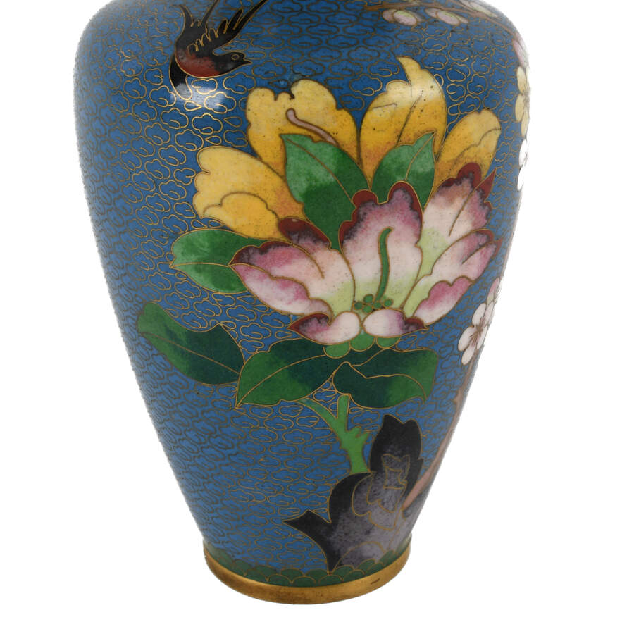 Pair of Blue Chinese Cloisonné Peony and Plum Blossom Vases-6