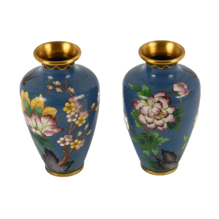 Pair of Blue Chinese Cloisonné Peony and Plum Blossom Vases-2