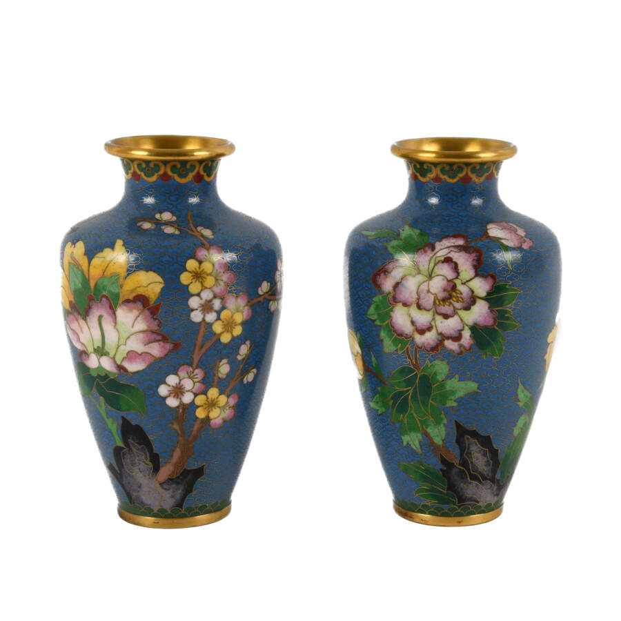 Pair of Blue Chinese Cloisonné Peony and Plum Blossom Vases-1