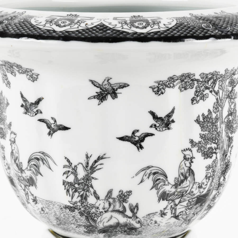 Black and White Pedestal Toile Transfer Planter-5