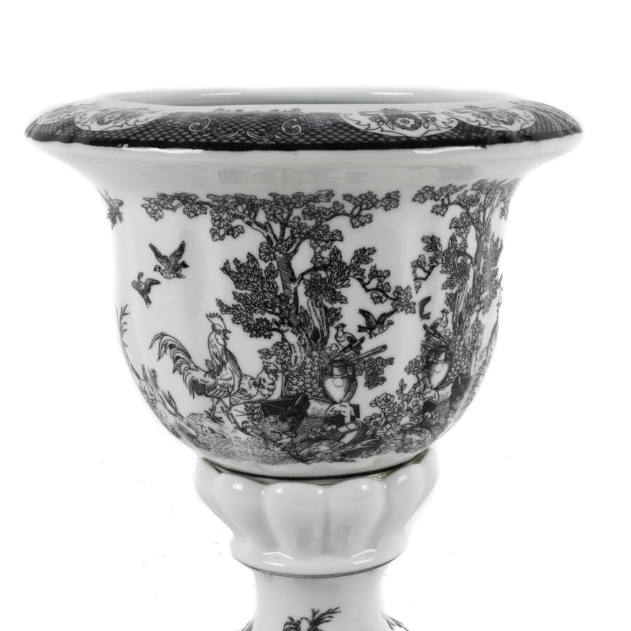Black and White Pedestal Toile Transfer Planter-3