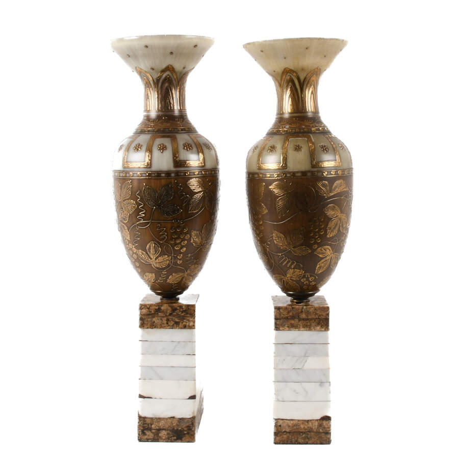 Pair of Urns with Cream-Colored Bodies and Gold Detailing-3