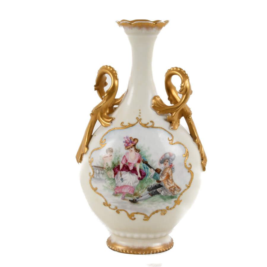 Antique Limoges Hand-Painted Vase with Gilded Twist Handles-5