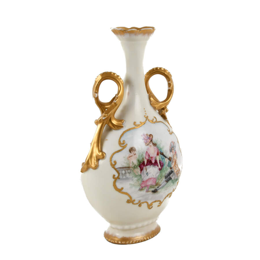 Antique Limoges Hand-Painted Vase with Gilded Twist Handles-4