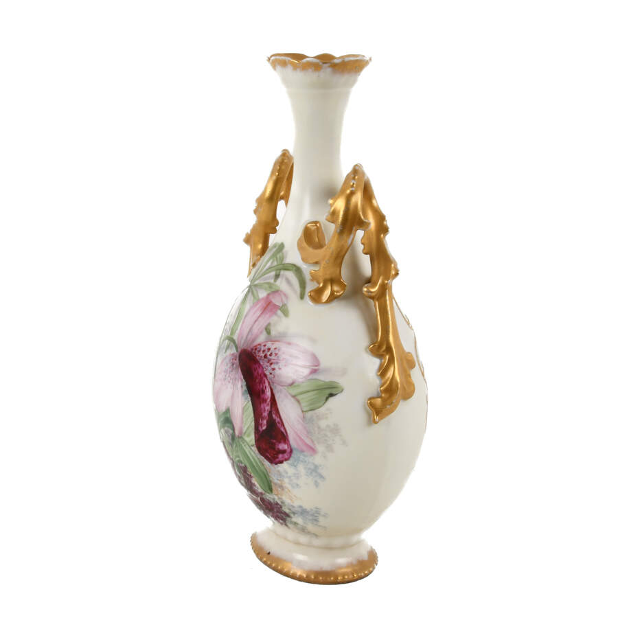 Antique Limoges Hand-Painted Vase with Gilded Twist Handles-3