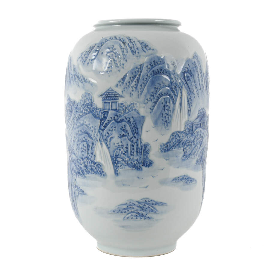 Japanese Blue and White Zen Garden Ceramic Vase-2
