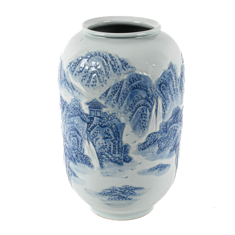 Japanese Blue and White Zen Garden Ceramic Vase-1
