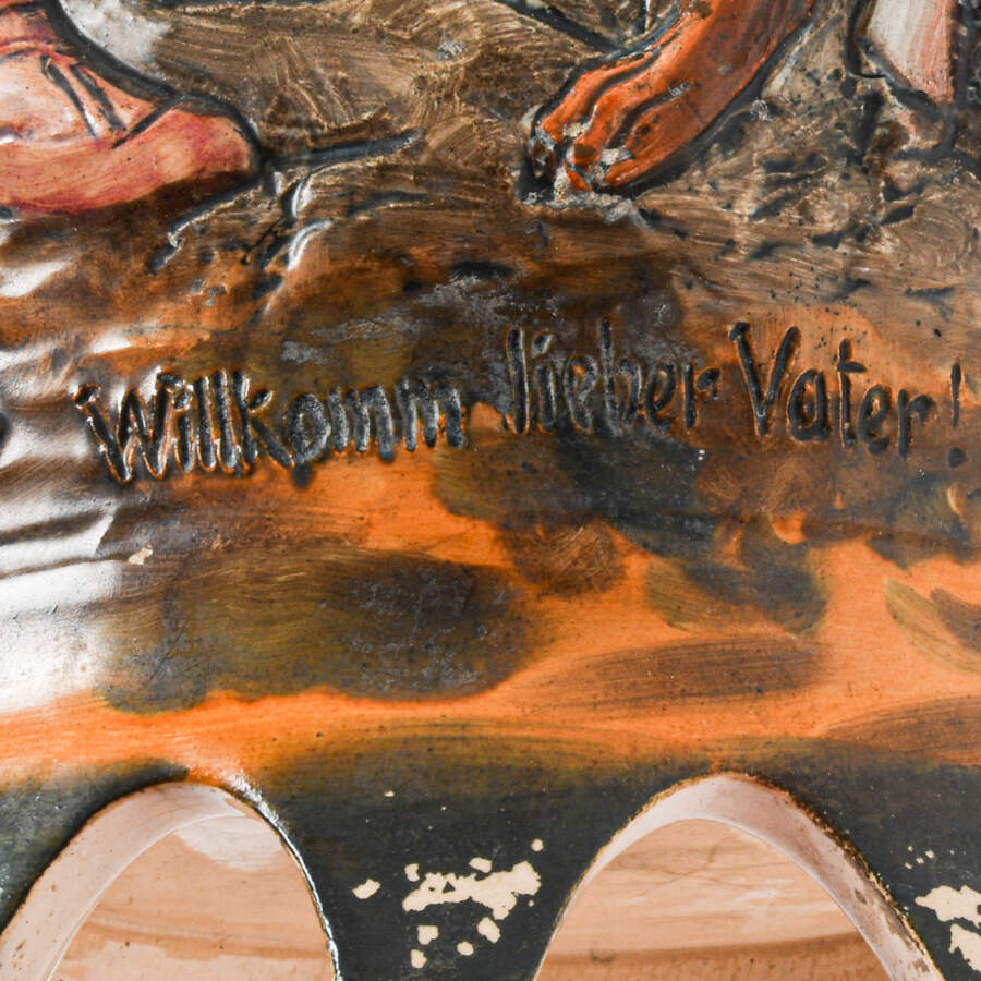 German Hand-painted "Welcome Dear Father" Majolica Dual Handled Vase-7