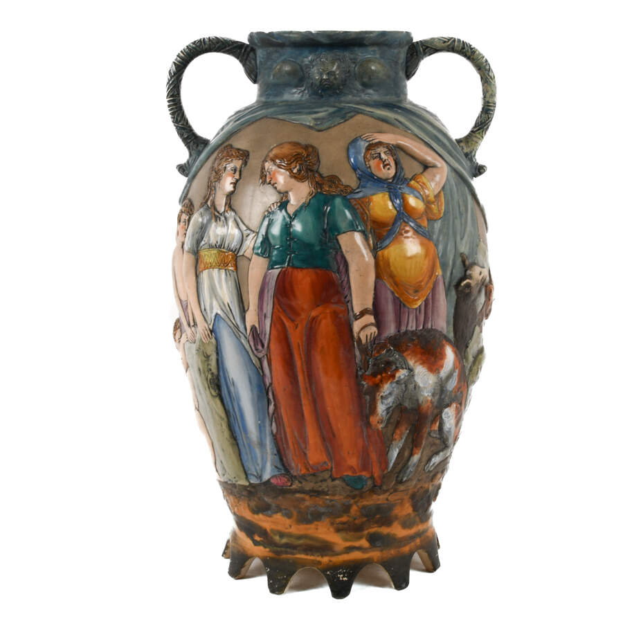 German Hand-painted "Welcome Dear Father" Majolica Dual Handled Vase-6