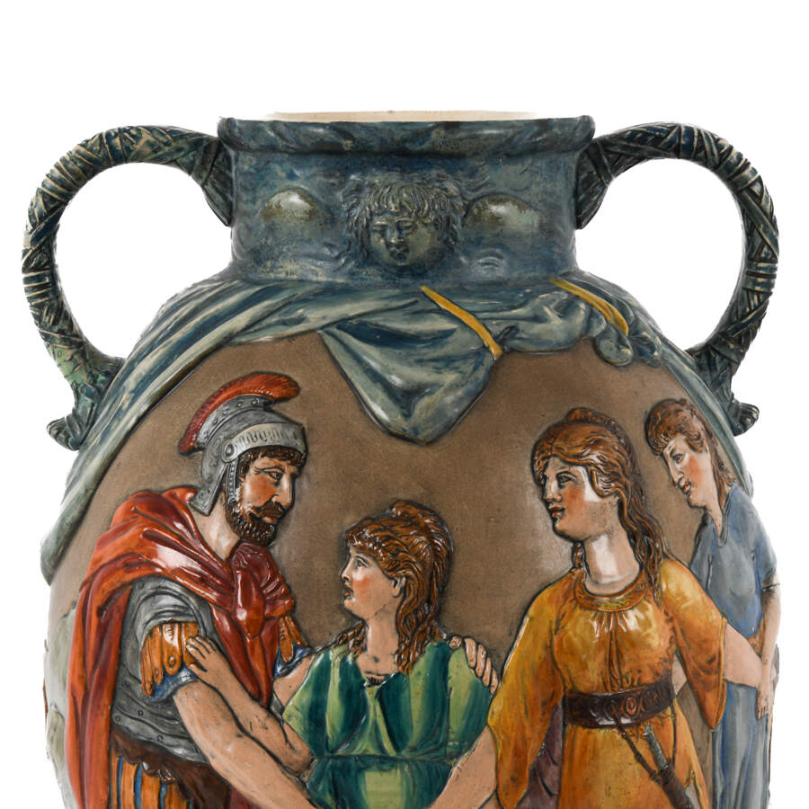 German Hand-painted "Welcome Dear Father" Majolica Dual Handled Vase-2