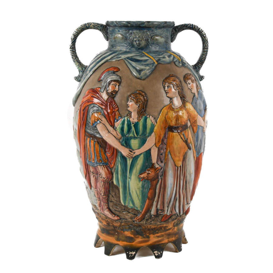 German Hand-painted "Welcome Dear Father" Majolica Dual Handled Vase-1