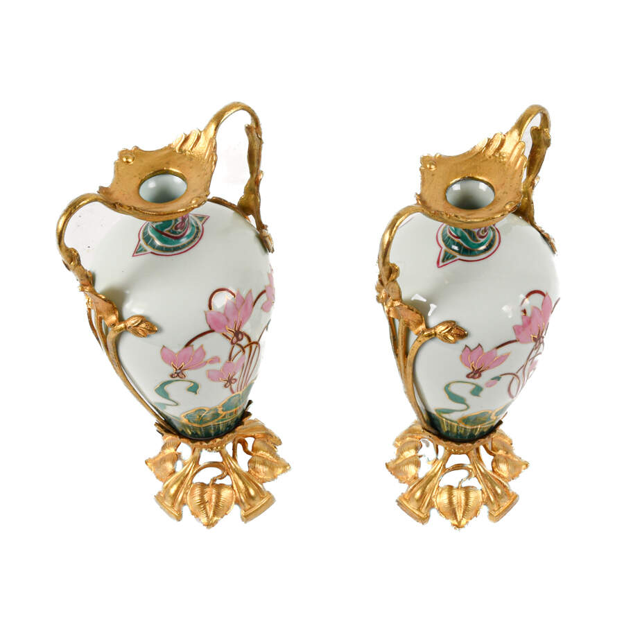 Antique Danish Pair of Art Nouveau Gilt Metal and Porcelain Vases-4