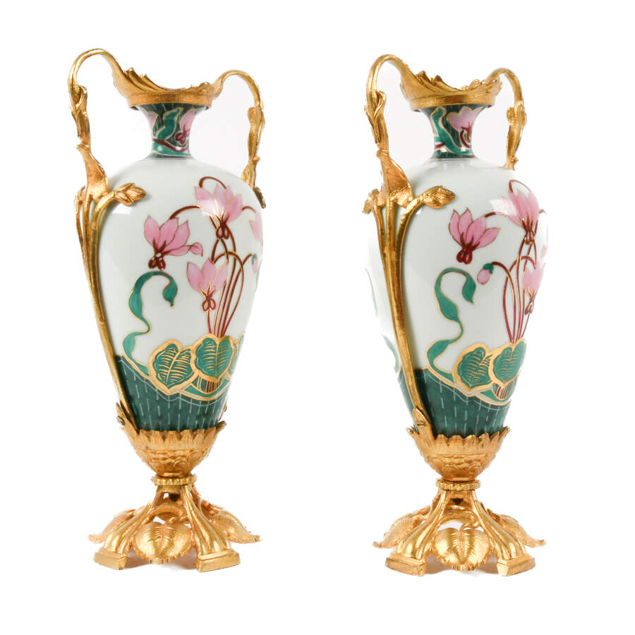 Antique Danish Pair of Art Nouveau Gilt Metal and Porcelain Vases-3