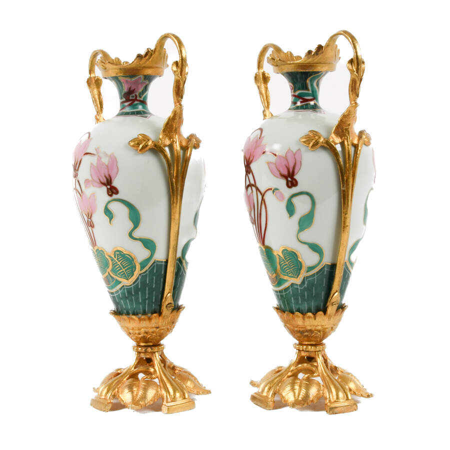 Antique Danish Pair of Art Nouveau Gilt Metal and Porcelain Vases-2