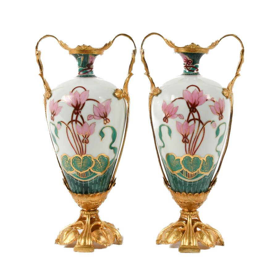 Antique Danish Pair of Art Nouveau Gilt Metal and Porcelain Vases-1