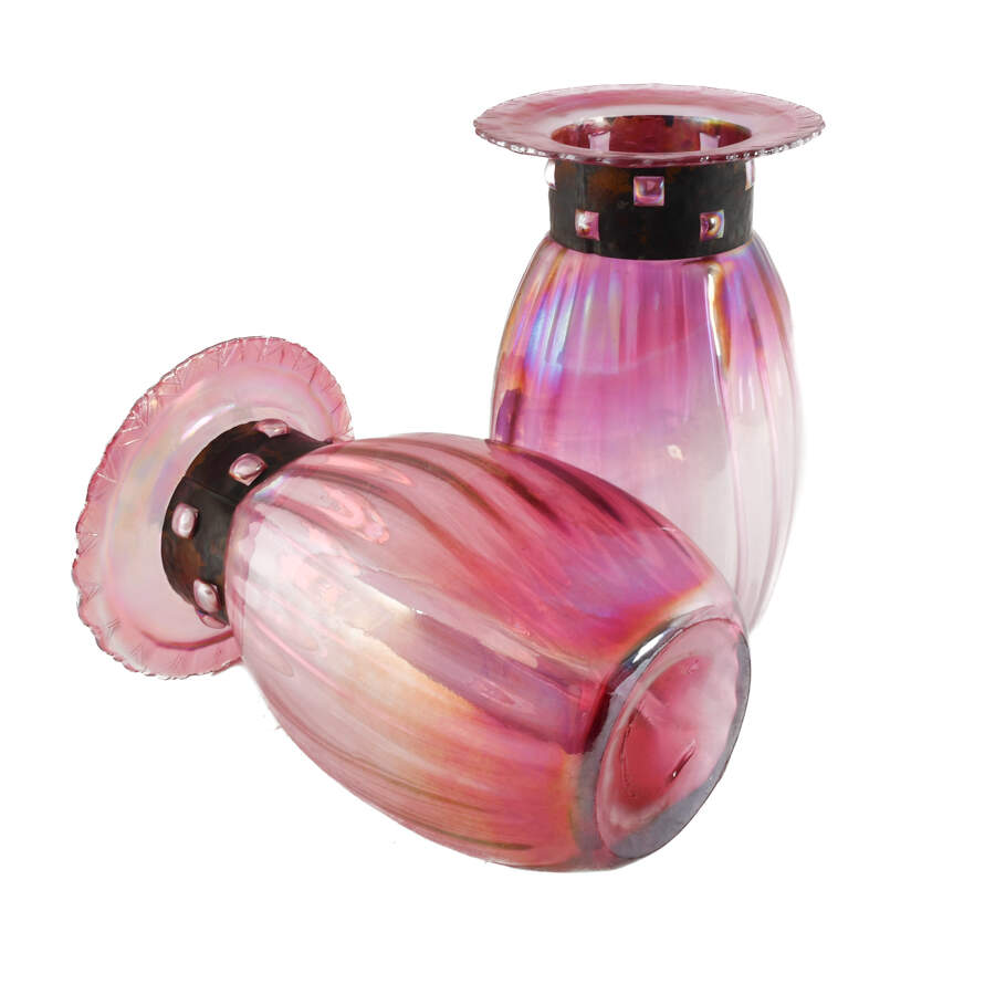Pair of Blown Iridescent Czech Glass Vases with Copper Collars-6